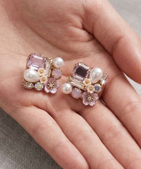 Blossom & Crystal Square Stud Earrings – Pastel Elegance