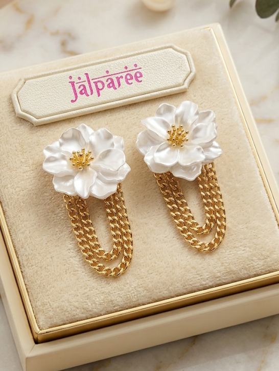 Jalparee White Floral & Golden Chain Drop Western Earrings