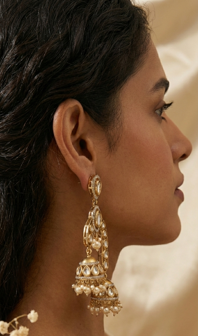 Jalparee Meenakari & Kundan Jhumka Earrings with Pearl Droplets