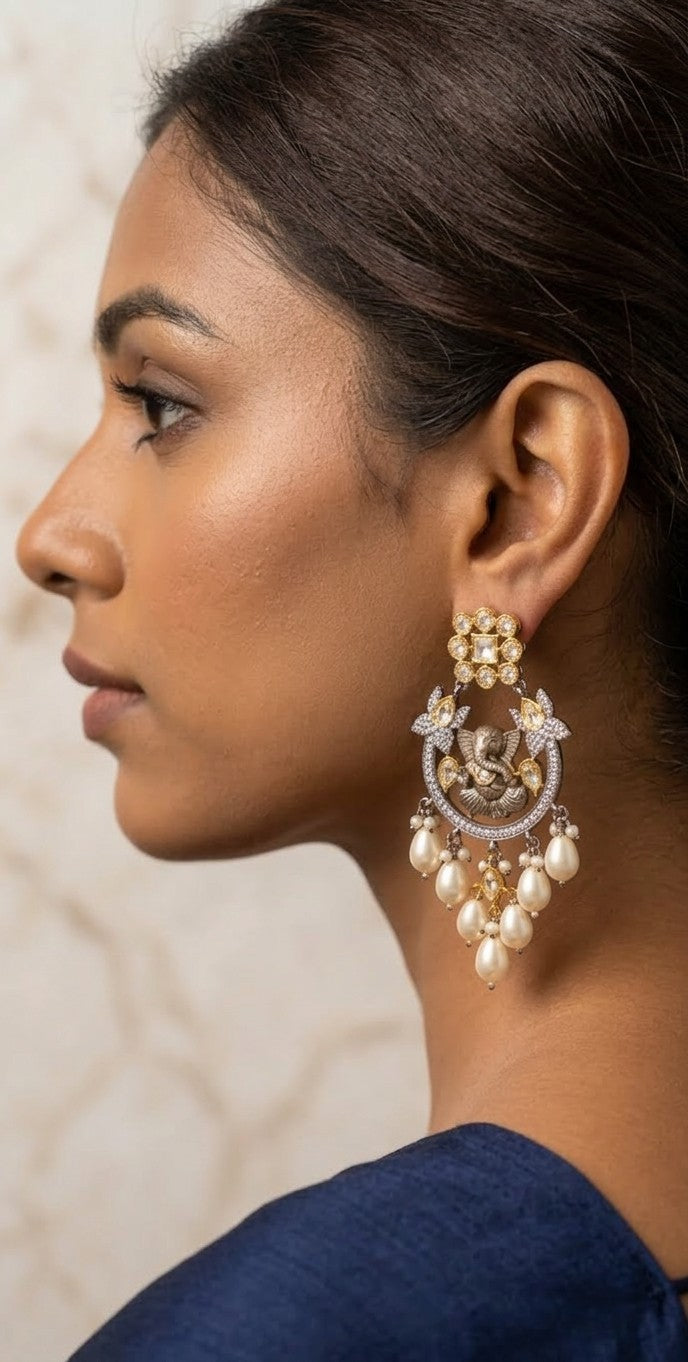 Jalparee Divine Ganesha Kundan & Pearl Traditional Chandelier Earrings