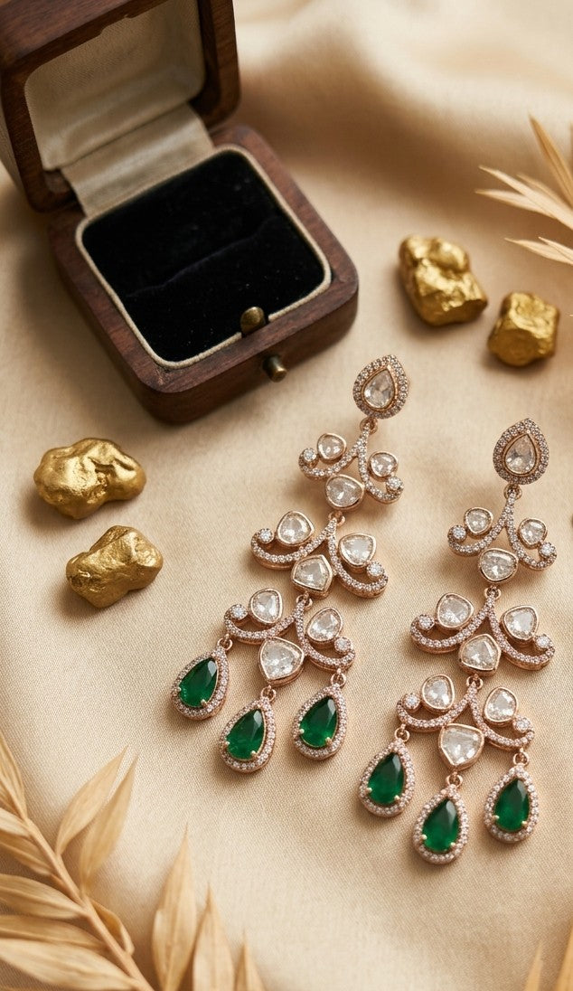 Jalparee | Emerald & Polki Diamond Tiered Chandelier Earrings in Gold