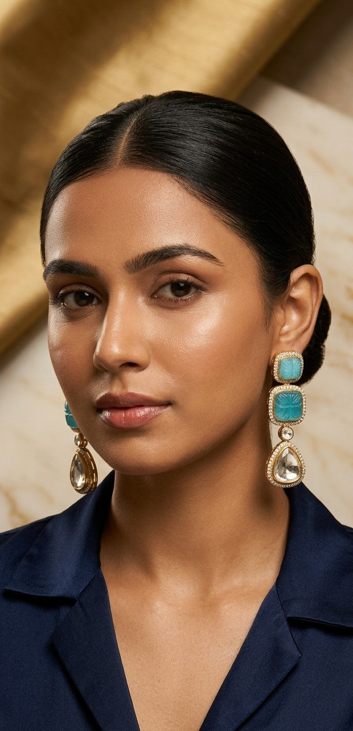 Jalparee Hand-Carved Turquoise & Kundan Teardrop Drop Earrings