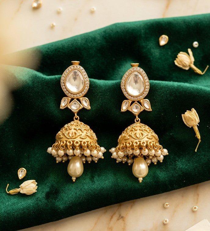 Jalparee 'Amala' Kundan & Pearl Traditional Jhumka Earrings