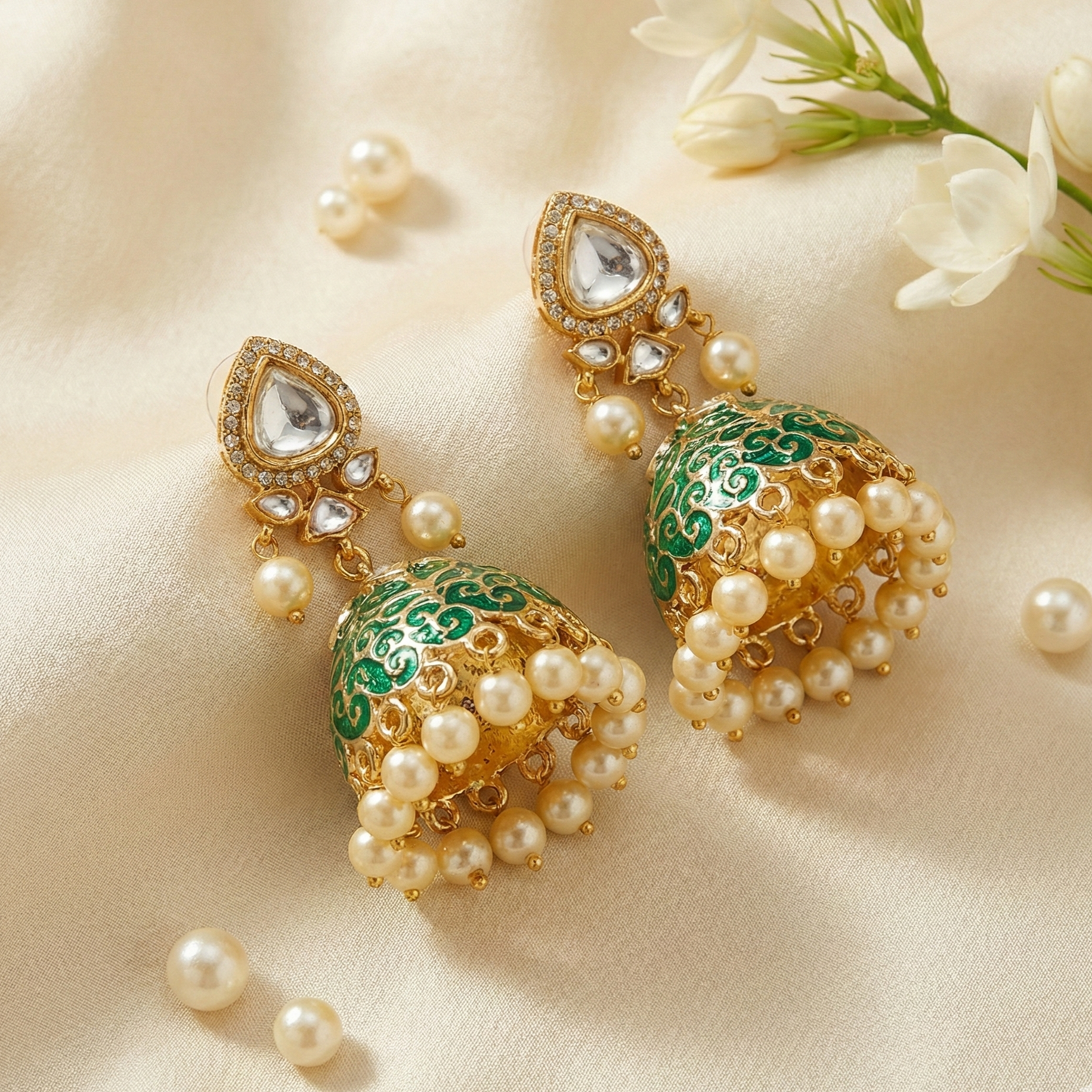 Jalparee Elegant Emerald Green Meenakari Jhumka Earrings