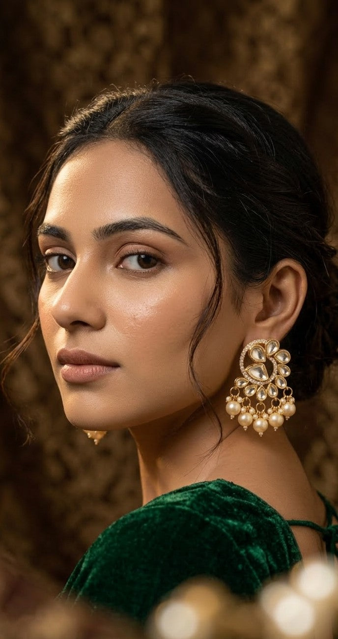 Jalparee Kundan and Pearl Filigree Swirl Chandbali Earrings