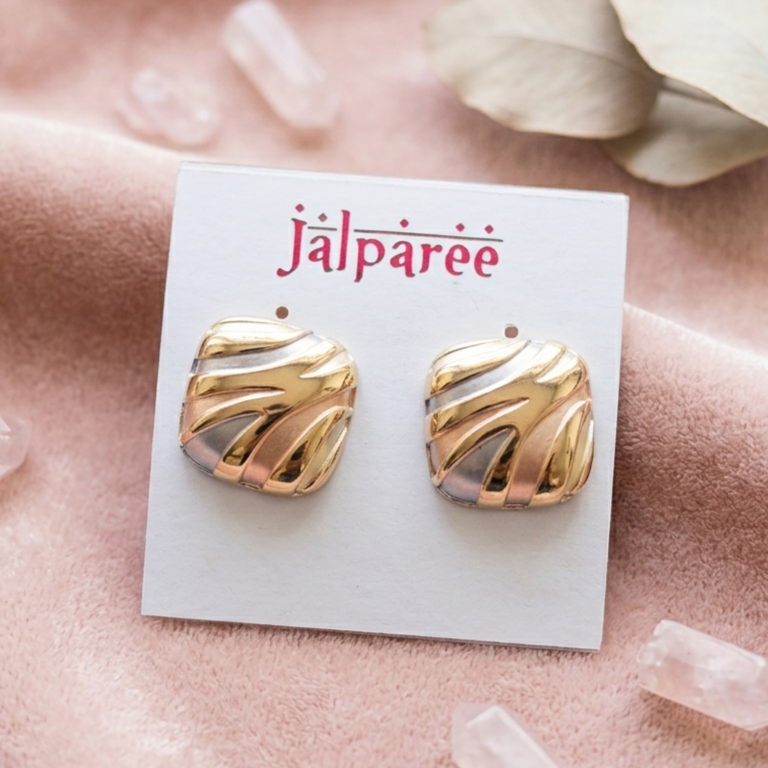 Aurora Pastel Textured Square Studs in Tri-Tone Gold & Silver by Jalparee