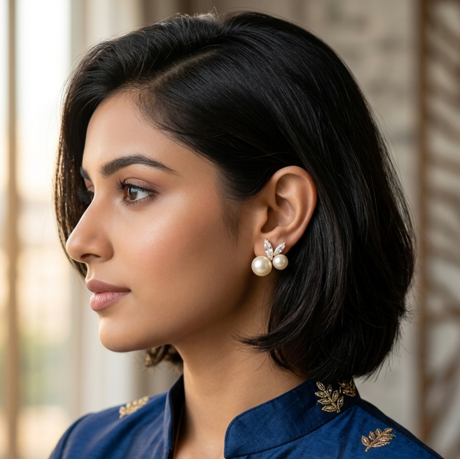 Jalparee Dual Pearl and Marquise Crystal Stud Earrings – Elegant Western Wear Earrings for Women