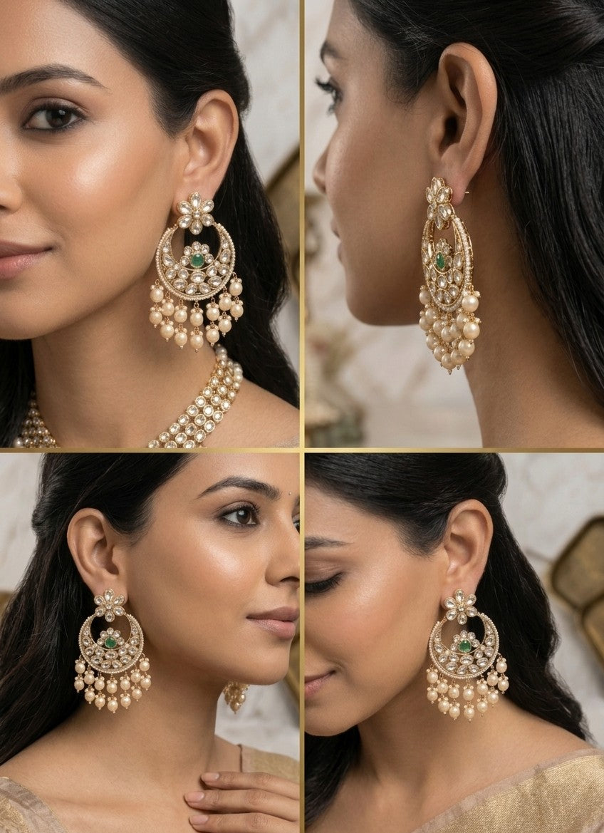 Jalparee Kundan & Pearl Traditional Chandbali Earrings with Emerald Accents