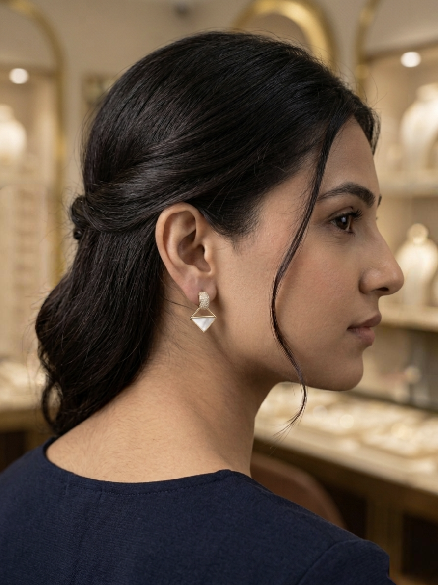 Jalparee Elegant Geometric Mother-of-Pearl & CZ Drop Earrings