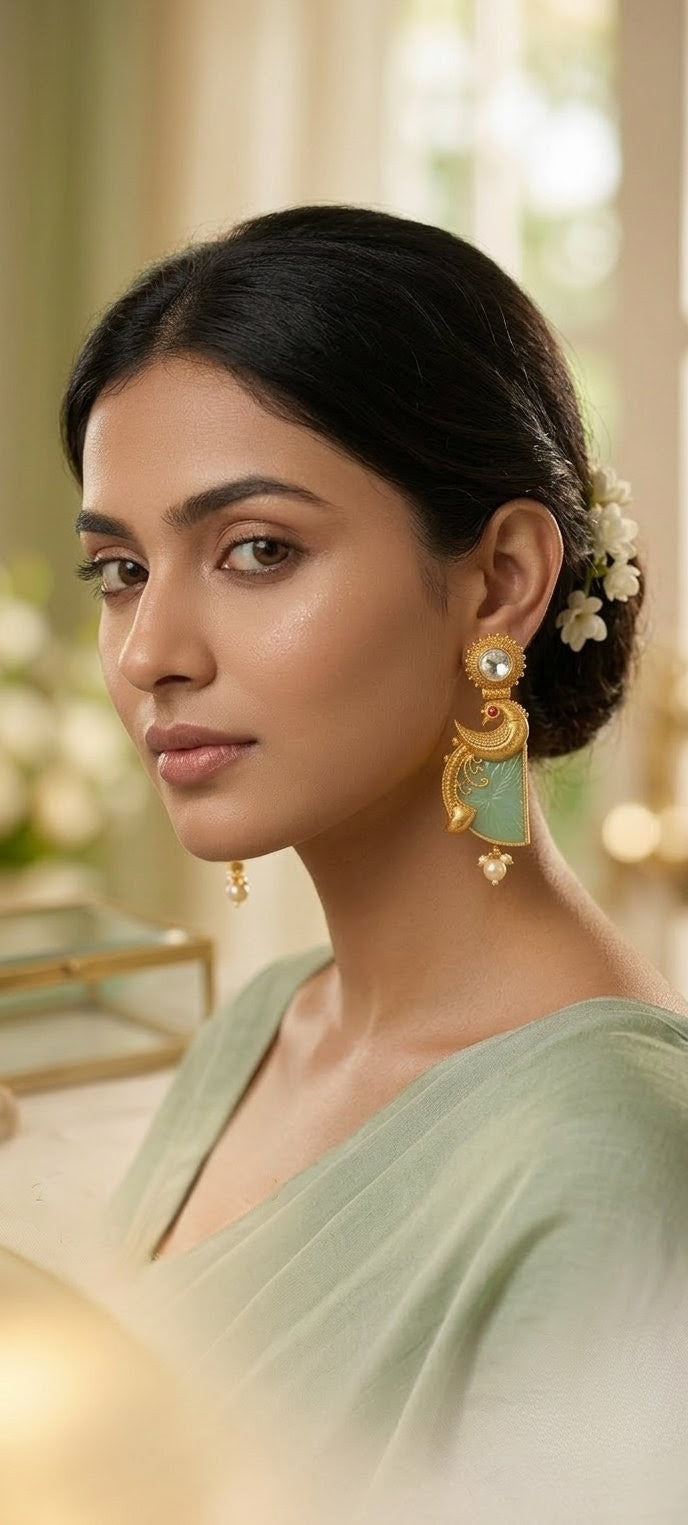 Jalparee Majestic Peacock Heritage Kundan & Carved Jadeite Drop Earrings