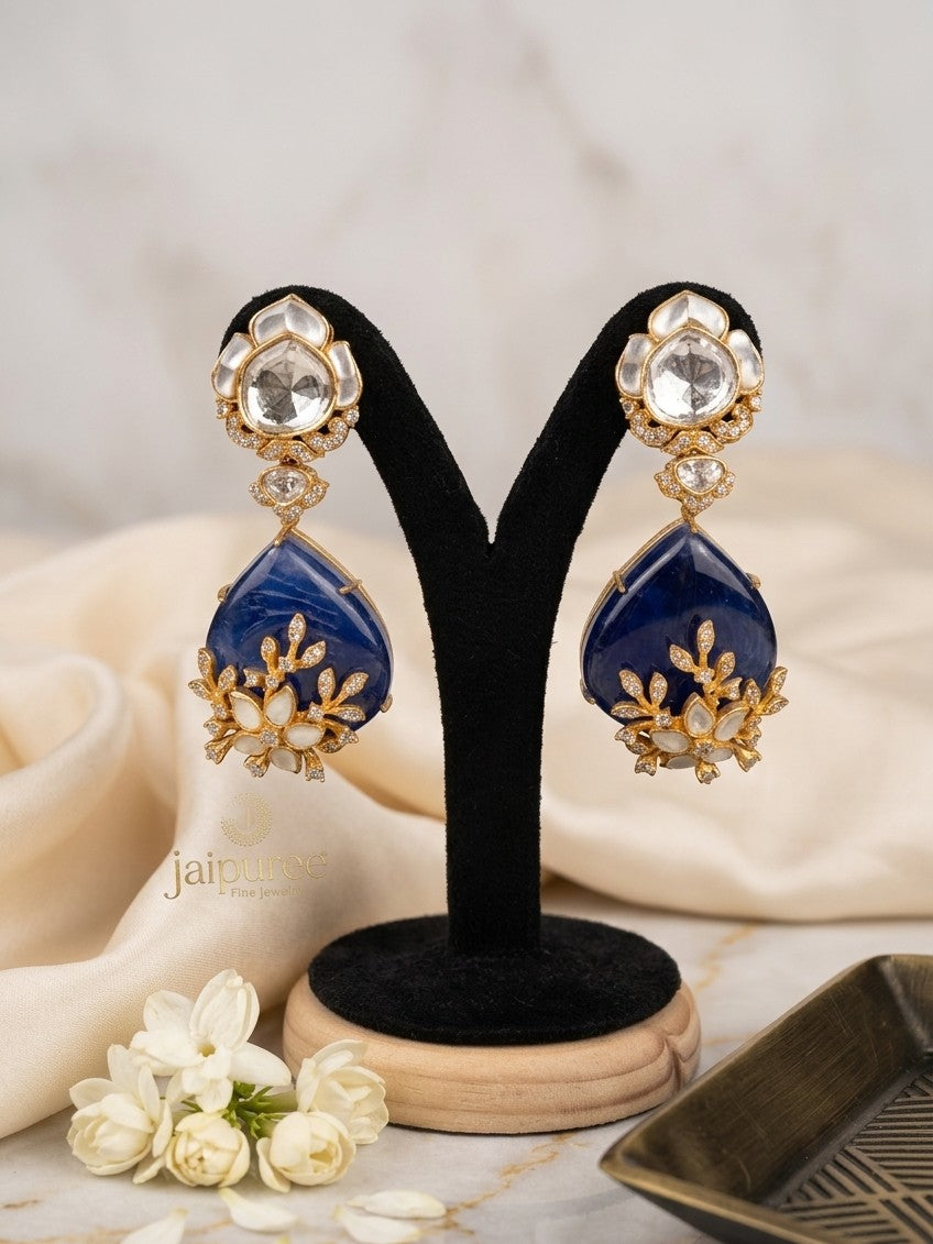 Navratna Kundan Polki Teardrop Jhumka Earrings with Royal Blue Sapphires