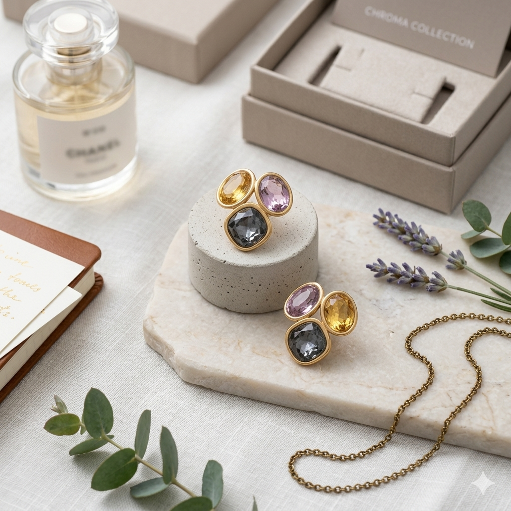 Jalparee Pastel Trinitie Western Stud Earrings – Smoky Gray, Amethyst Pink, and Citrine Yellow