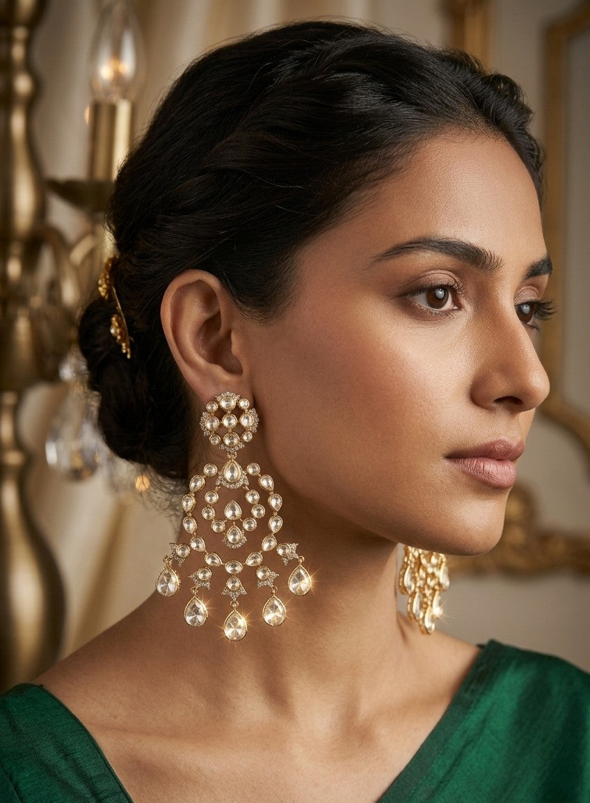 Jalparee 'Noor Mahal' Gold-Plated Emerald Cut Kundan Drop Earrings