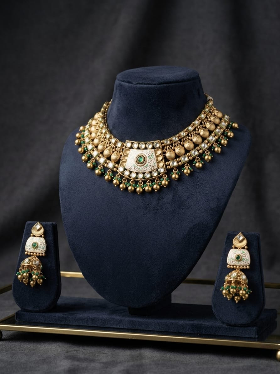 Royal Meenakari & Kundan Choker Set with Emerald Green Droplets