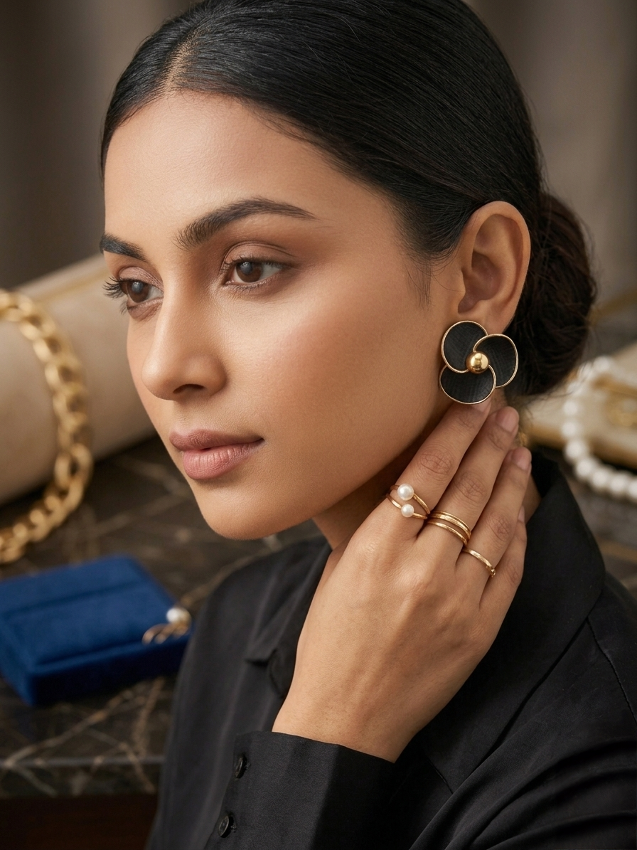 Midnight Bloom Textured Leather & Gold-Tone Statement Earrings