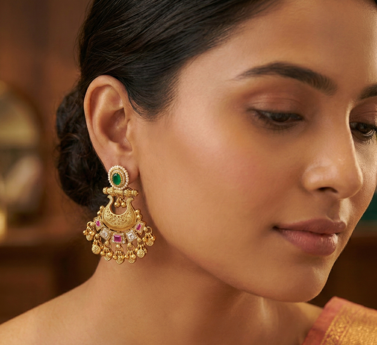 Jalparee Heritage Crescent Jhumka Earrings – Traditional Gold-Plated Chandbalis with Emerald and Ruby Accents