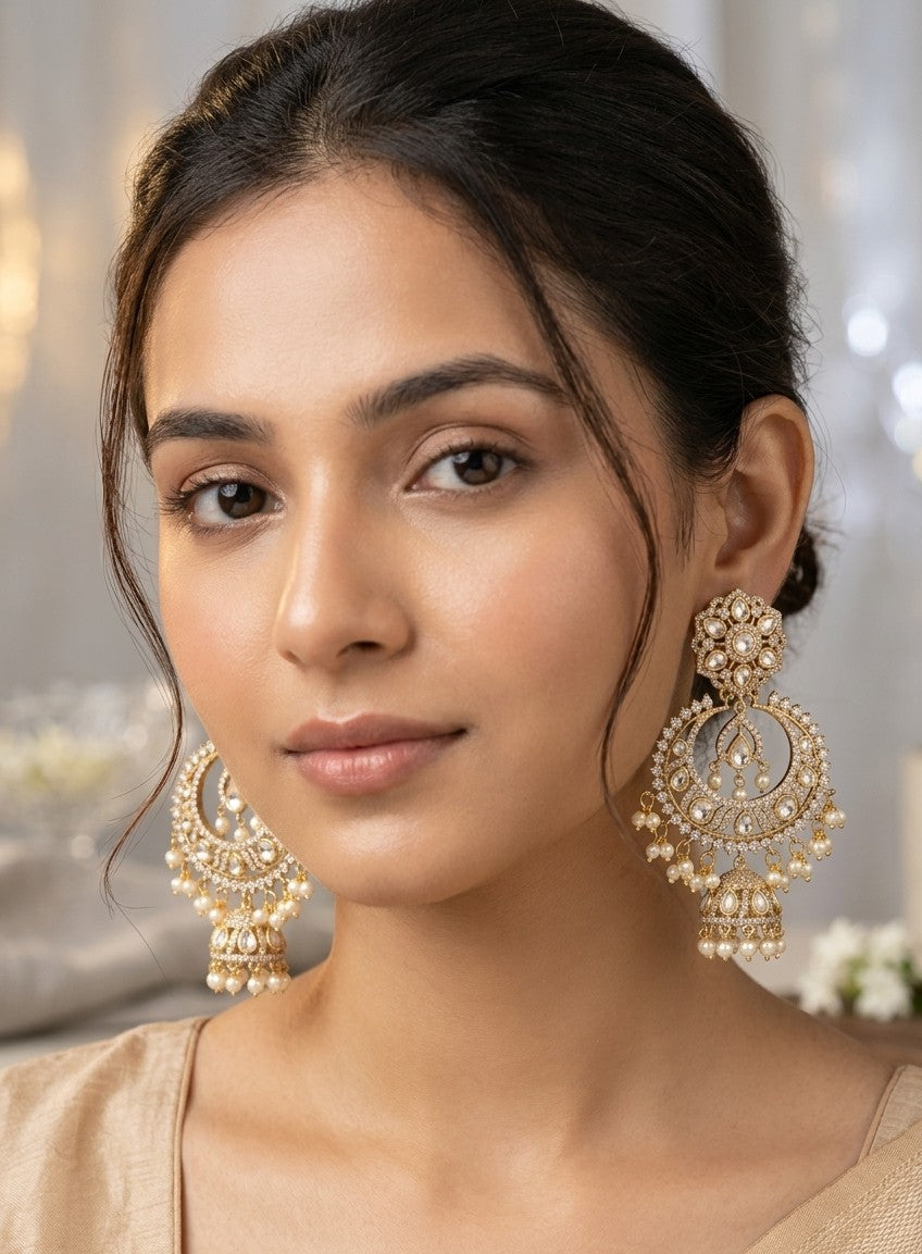 Jalparee Meera Kundan Jhumka Earrings with Pearls - Majestic Traditional Chandelier Jhumkas for Brides & Special Occasions