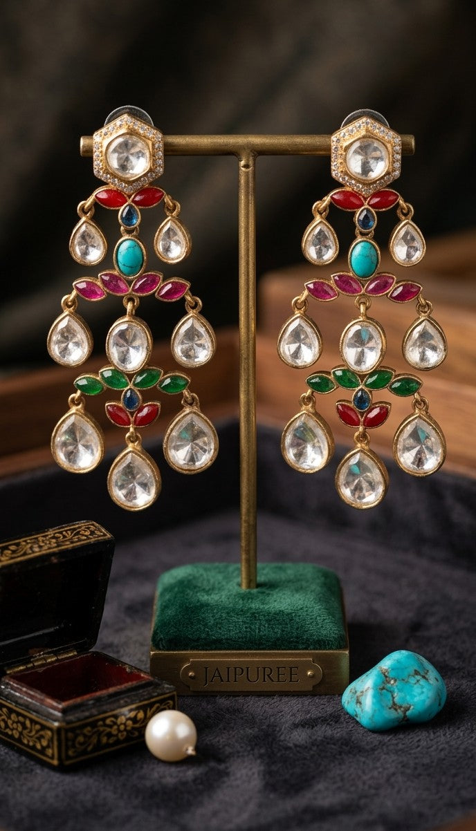 Jalparee Regal Multi-Stone Kundan Chandelier Earrings