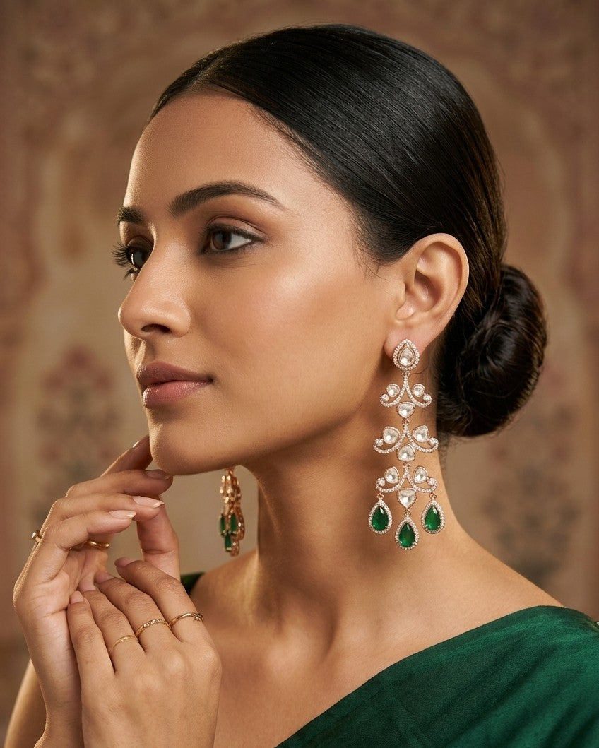 Jalparee | Emerald & Polki Diamond Tiered Chandelier Earrings in Gold