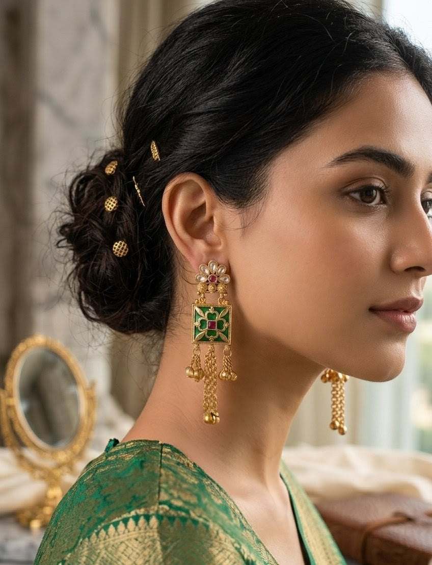 Jalparee Kundan and Green Enamel Traditional Dangle Earrings with Pearl Accents