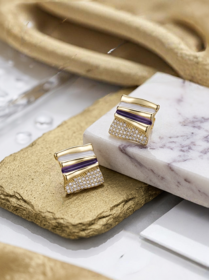 Jalparee Contemporary Geometric Gold-Plated Stud Earrings with Purple & White Enamel and American Diamond Accents