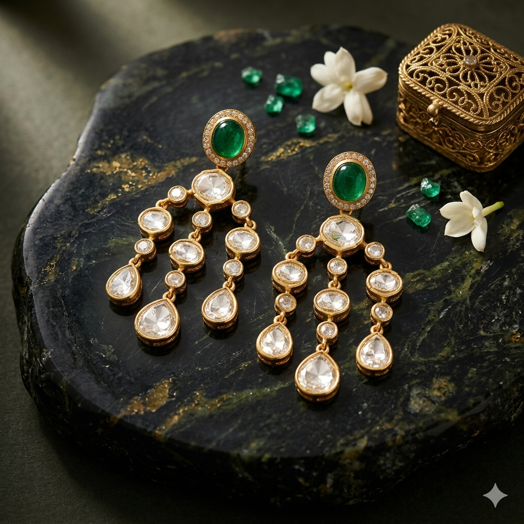 Jalparee Heritage Green Polki Dangle Earrings - Traditional Indian Wedding Jewelry