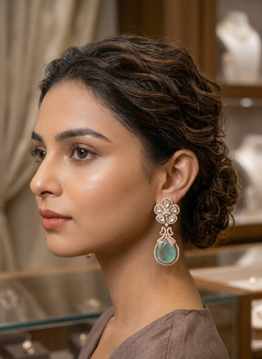 "The Jalparee Kundan-Rose Gold Earring with Faux-Aura Aura Beryl Teardrops"