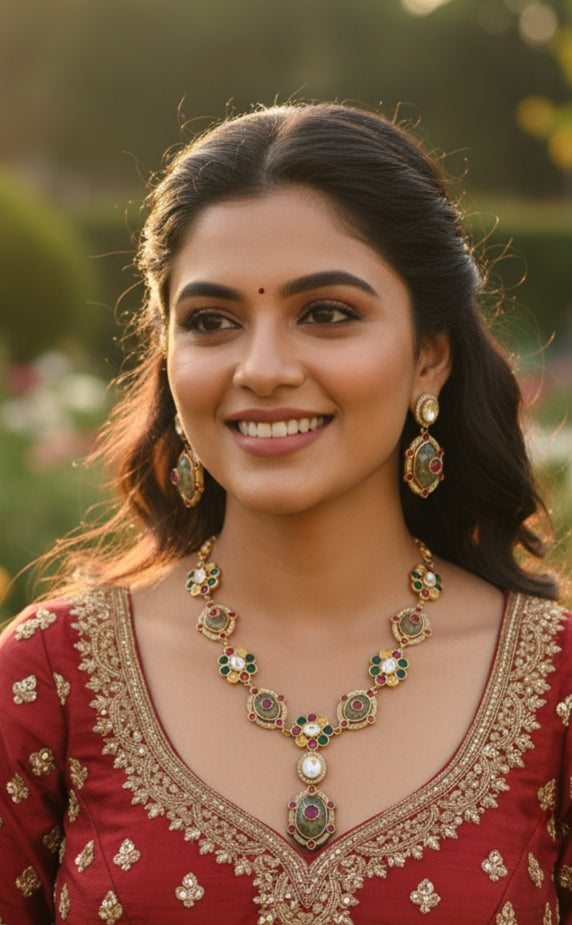 Regal Garden: Multi-Stone & Polki Necklace Set