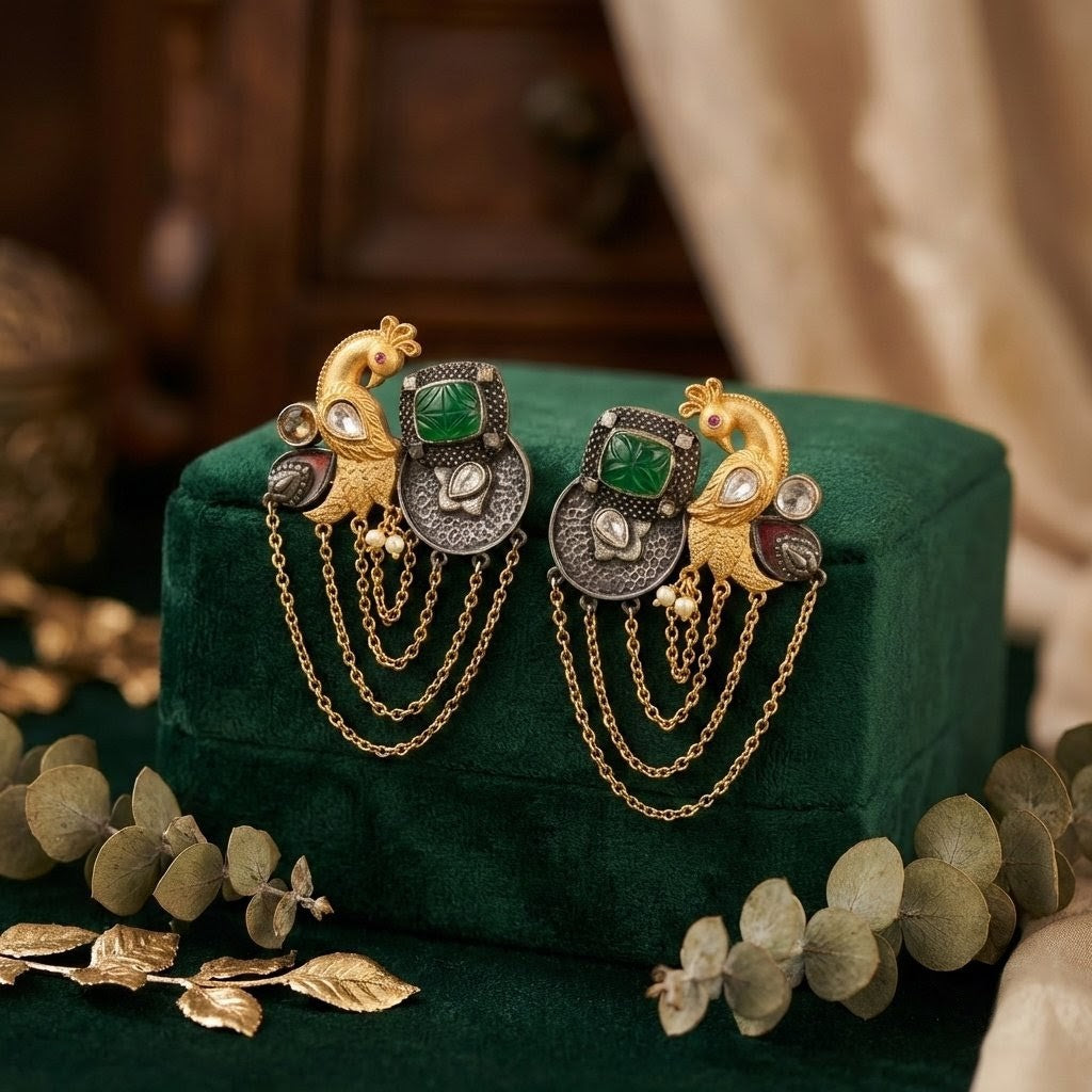 Jalparee's 'Mayura' Vintage-Style Dual-Tone Peacock Earrings with Emerald & Chain Drops