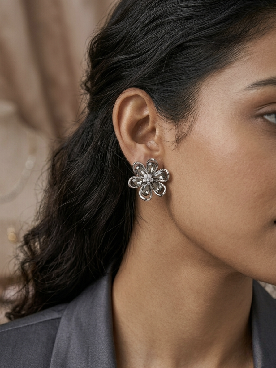 Jalparee Twilight Blossom Silver-Plated Floral Stud Earrings with Smoky Crystals