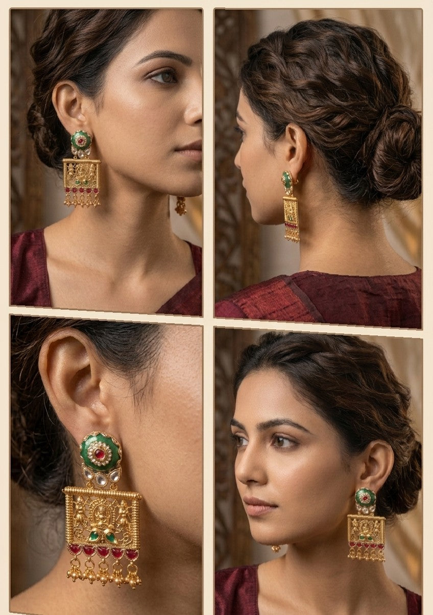 Jalparee ‘Virasat’ Kundan & Meenakari Temple Dangle Earrings with Red Bead Drops