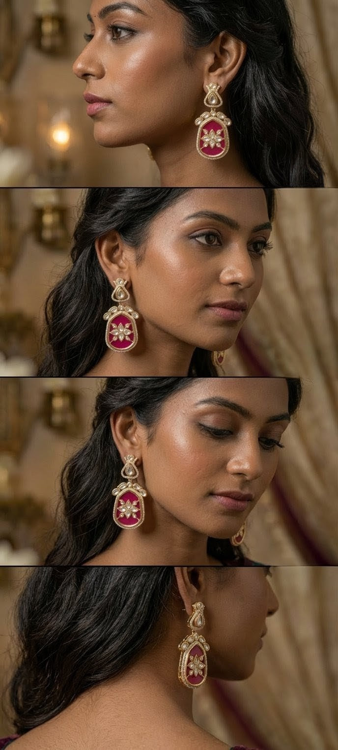 Jalparee Heritage Collection: Royal Fuchsia Enamel & Kundan Statement Dangling Earrings