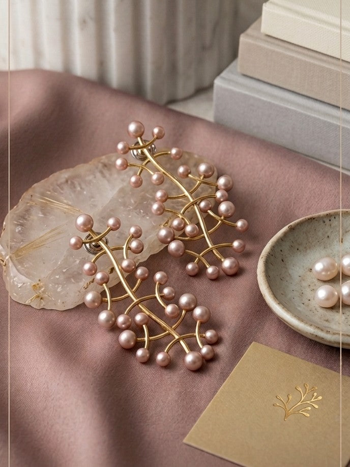 Jalparee Traditional 'Rose Berry' Pink Pearl Statement Vine Earrings