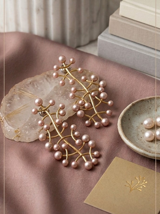 Jalparee Traditional 'Rose Berry' Pink Pearl Statement Vine Earrings