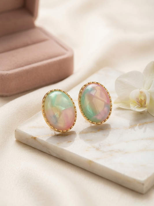 Jalparee Iridescent Pastel Oval Stud Earrings – Gold-Plated Western Studs