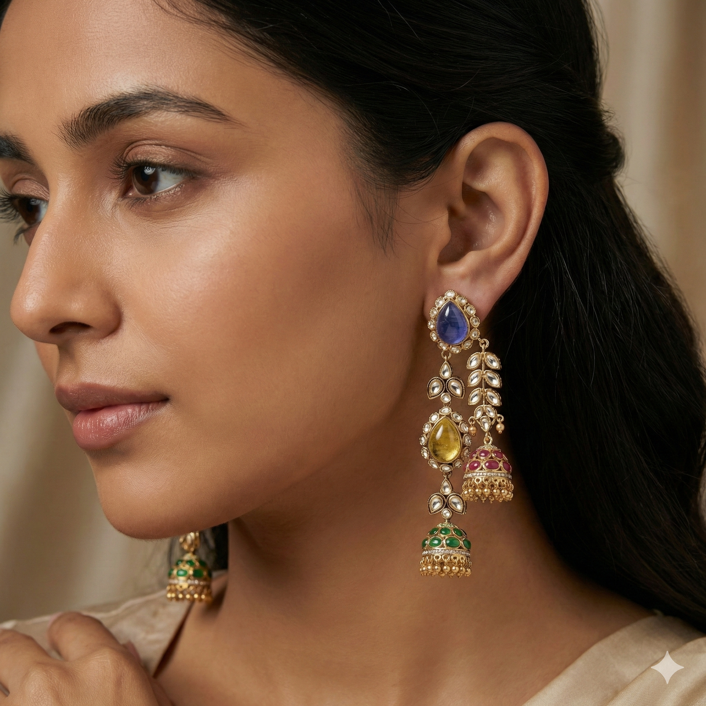 Jalparee "Navaratna Cascade" Handcrafted Multi-Gemstone Jhumka Earrings in micro Gold Plating