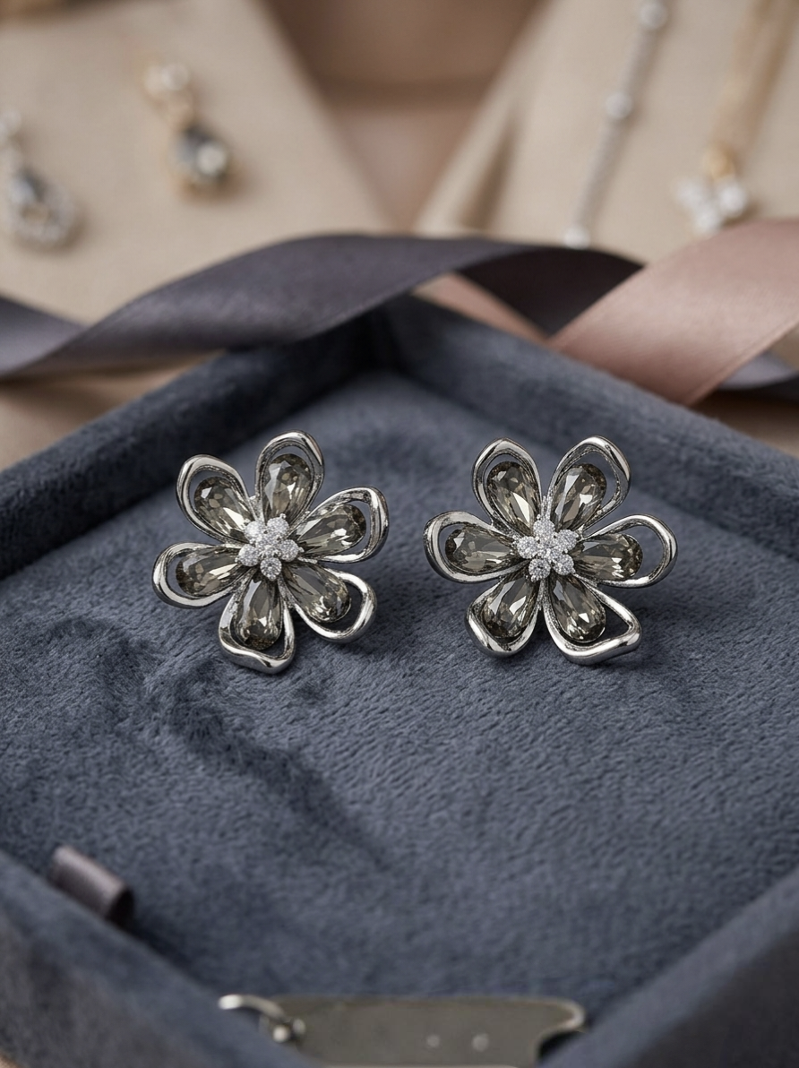 Jalparee Twilight Blossom Silver-Plated Floral Stud Earrings with Smoky Crystals