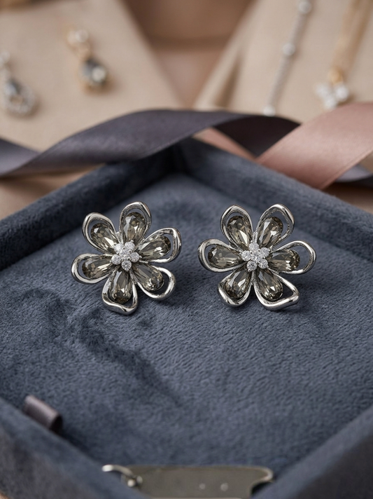 Jalparee Twilight Blossom Silver-Plated Floral Stud Earrings with Smoky Crystals