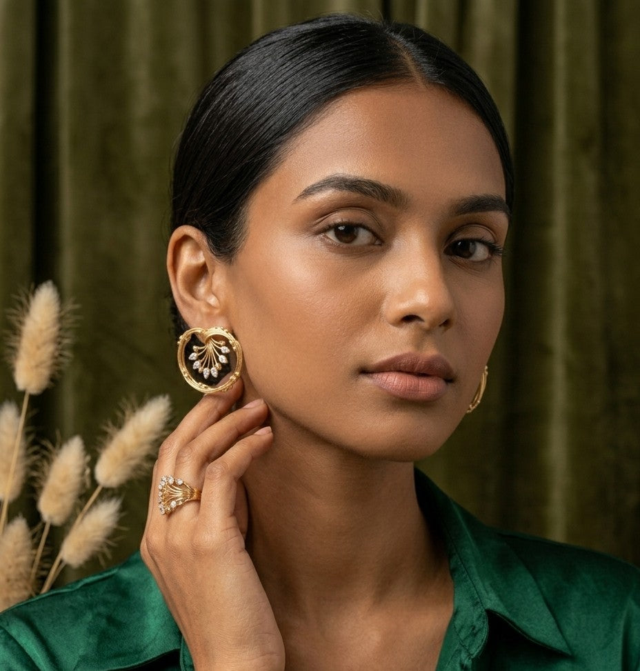 Jalparee Traditional Intricate Interlocking Gold-Toned Hoop Earrings with Shimmering CZ Cluster
