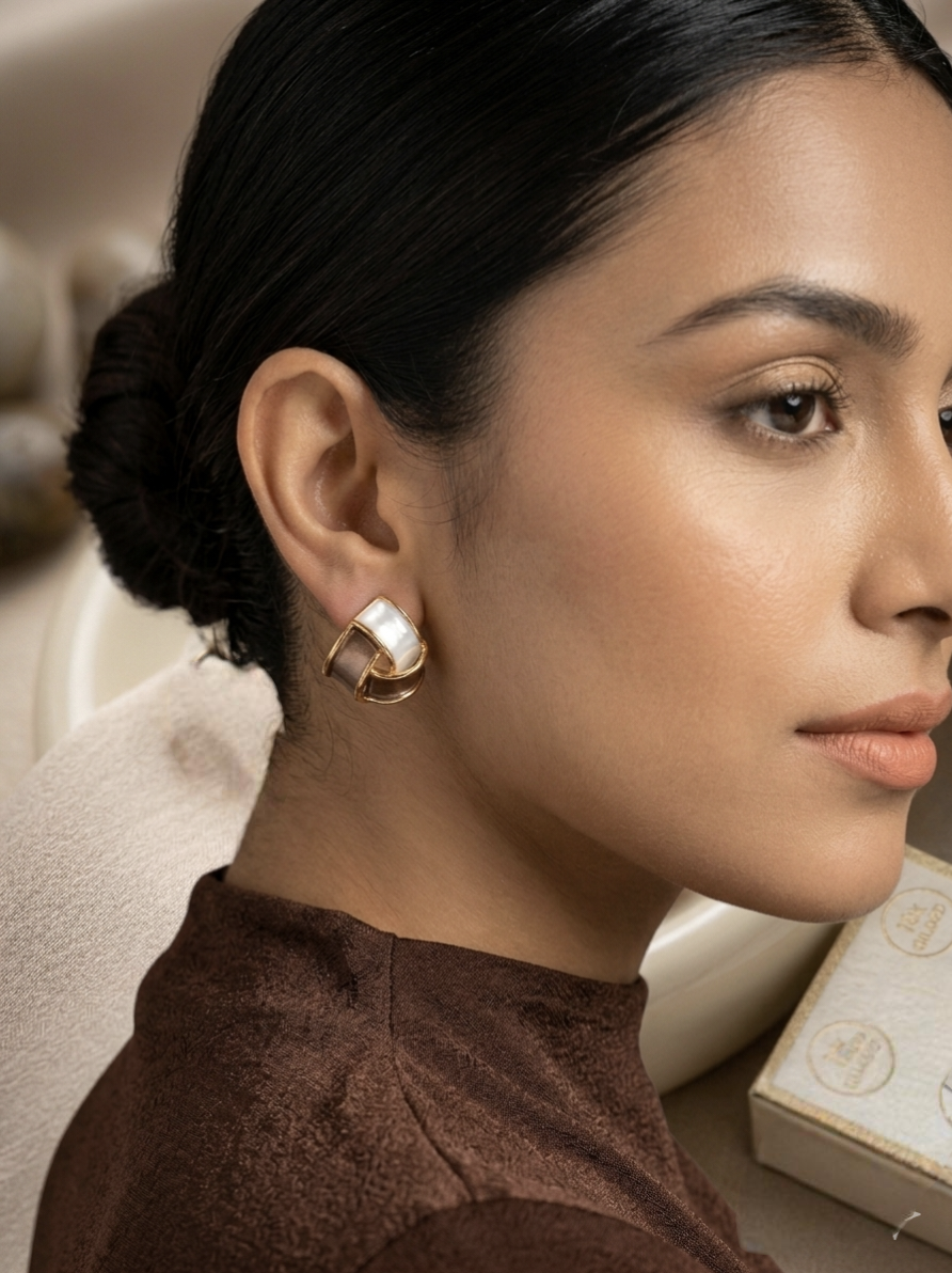 Jalparee Luxe Interlocking Knot Earrings in Mocha and Mother-of-Pearl Finish