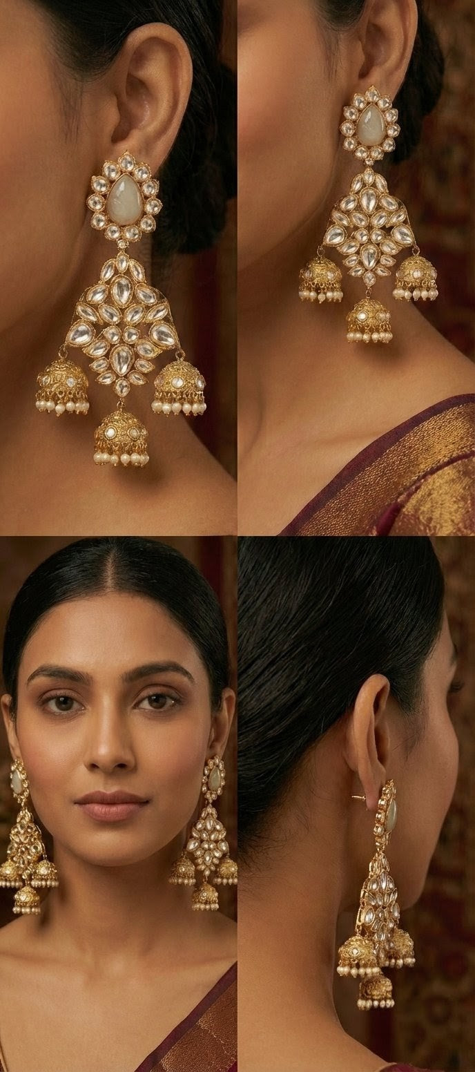 Jalparee Royal Trio: Traditional Gold Kundan & Pearl Jhumka Earrings