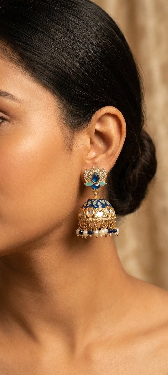 The Royal Blue Lotus & Kundan Jhumka Earrings by Jalparee