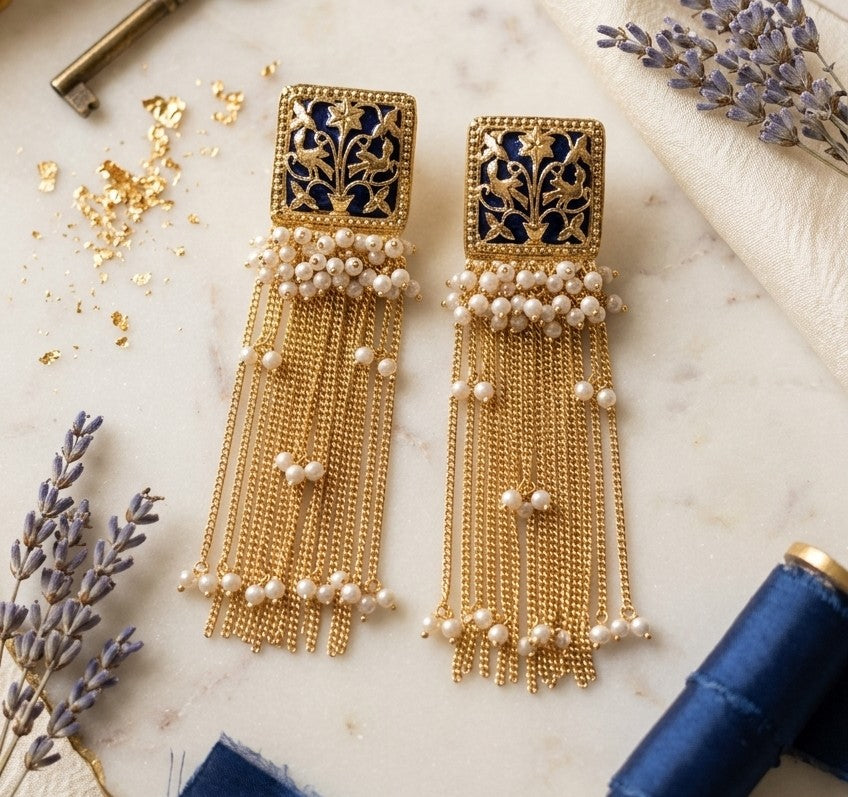 Jalparee Meenakari Floral & Pearl Tassel Drop Earrings - Gold Plated, Royal Blue & White