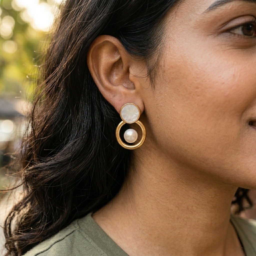 Jalparee Aura Geometric Gold-Plated Stud Earrings with Marble-Texture Accent and Floating Pearl