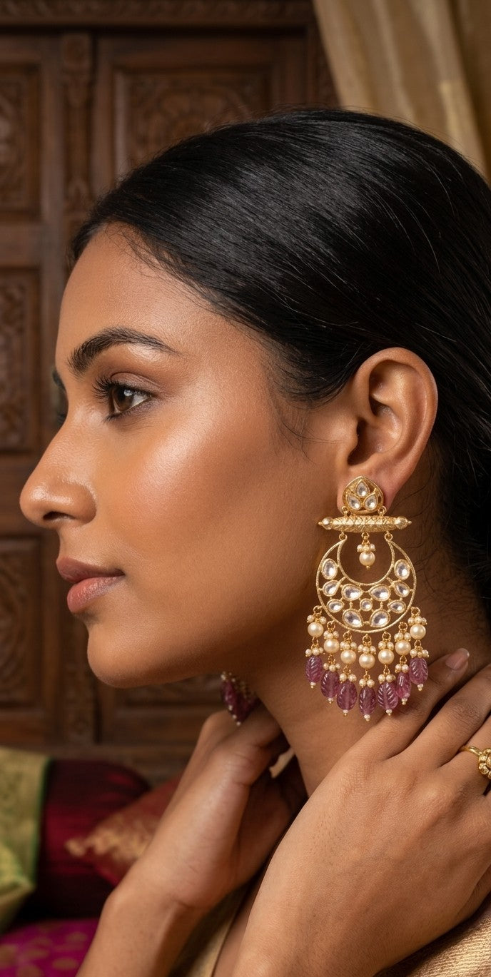 Jalparee Heritage Gilded Kundan & Leaf-Carved Mauve Tourmaline Chandbali Dangle Earrings