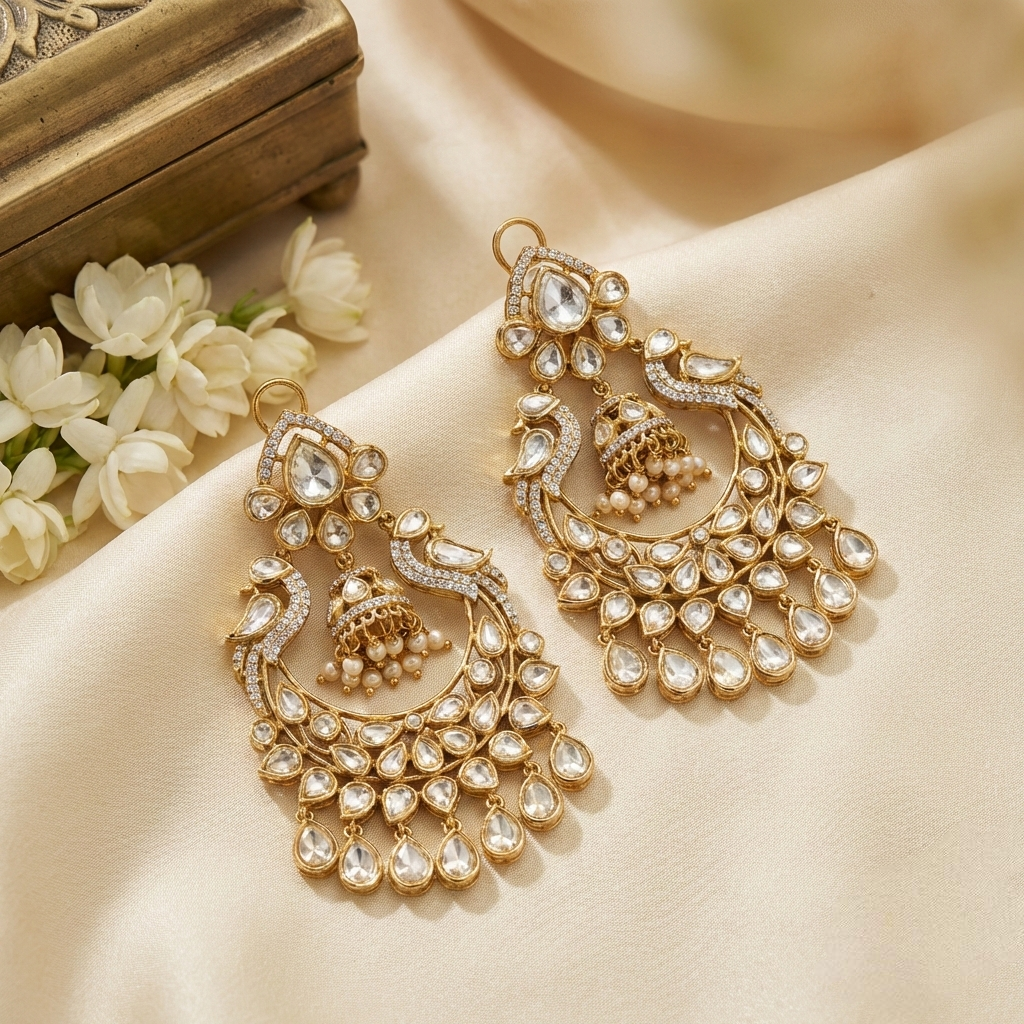 Jalparee Gold-Toned Kundan & Pearl Statement Chandbali Earrings with Central Jhumka