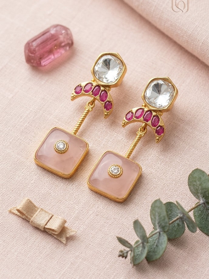 Regal Crescent Pink Stone Dangle Earrings by Jalparee