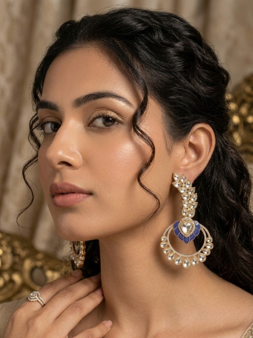 Jalparee Kundan and Blue Enamel Royal Drop Earrings with Detachable Hoop