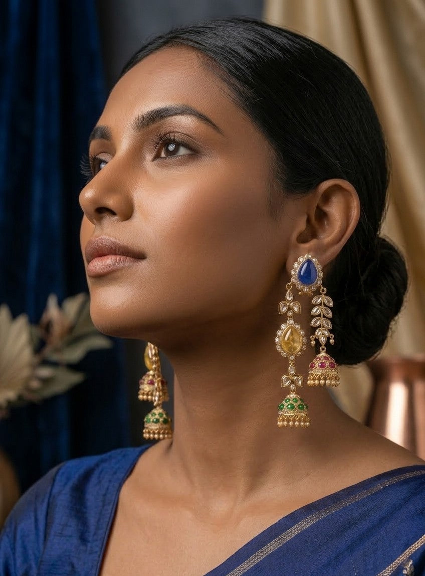 Jalparee Heritage Kundan and Multi-Gemstone Triple Jhumka Dangle Earrings