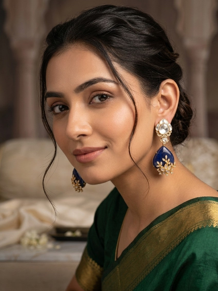 Navratna Kundan Polki Teardrop Jhumka Earrings with Royal Blue Sapphires